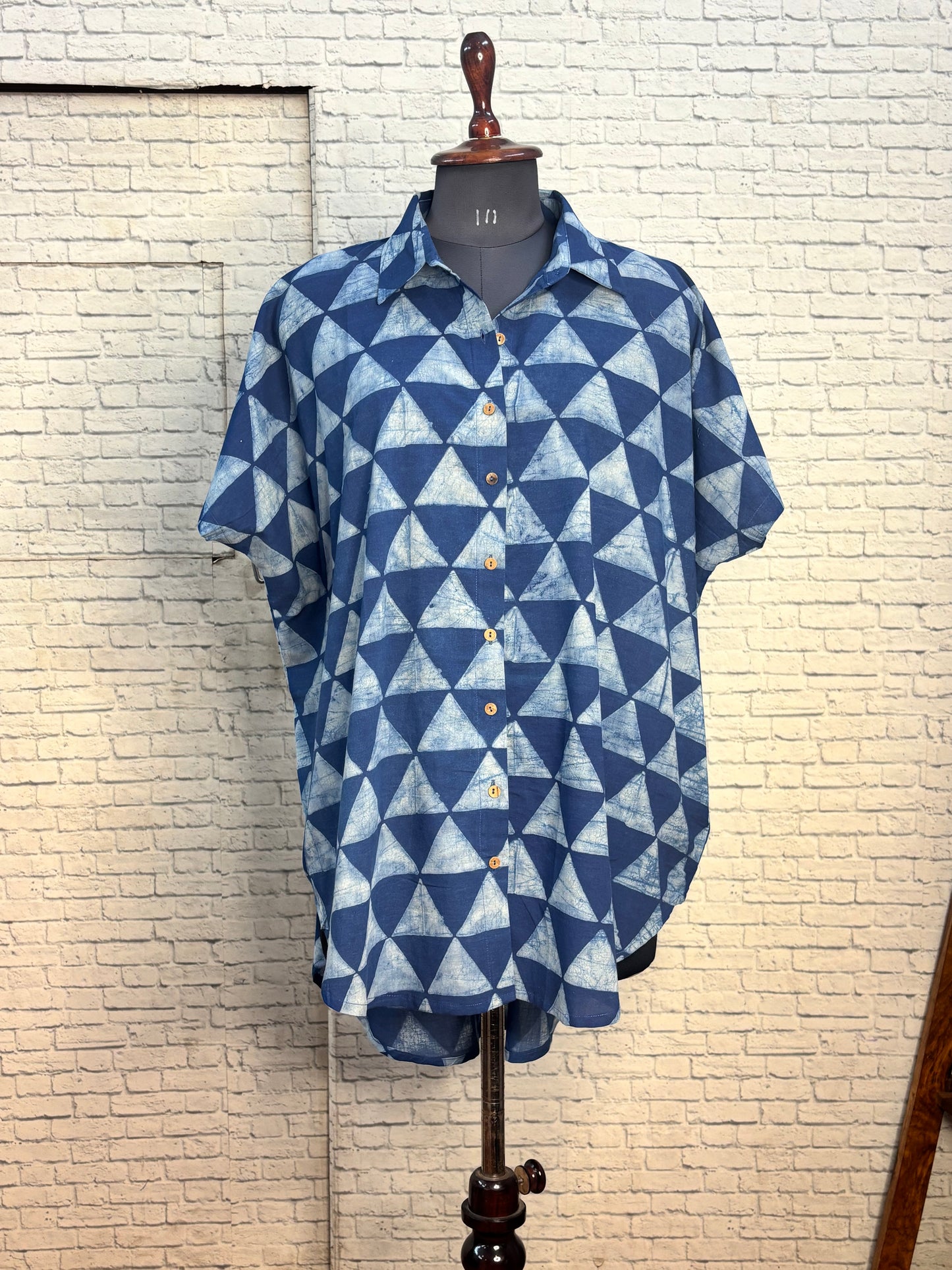 Indigo White Triangles Cotton High Low Shirt Kaftan