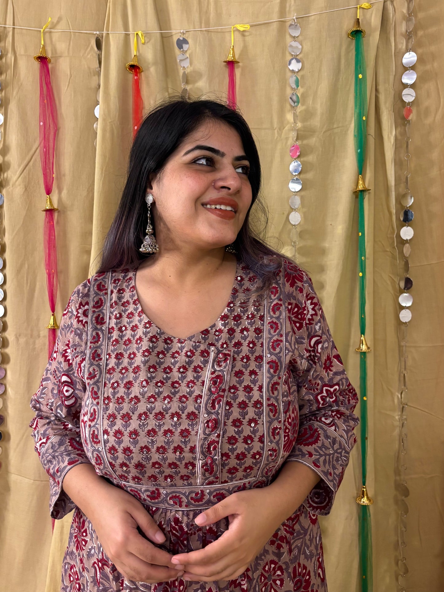 Inayat Hand Block Printed Patch Flared Maxi Dress with Hand Embroidery