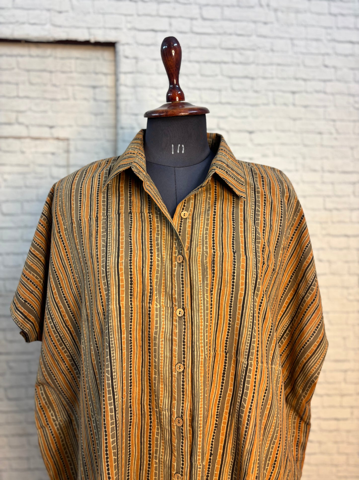 Orange Brown Dotted Ajrakh Stripes Cotton High Low Shirt Kaftan