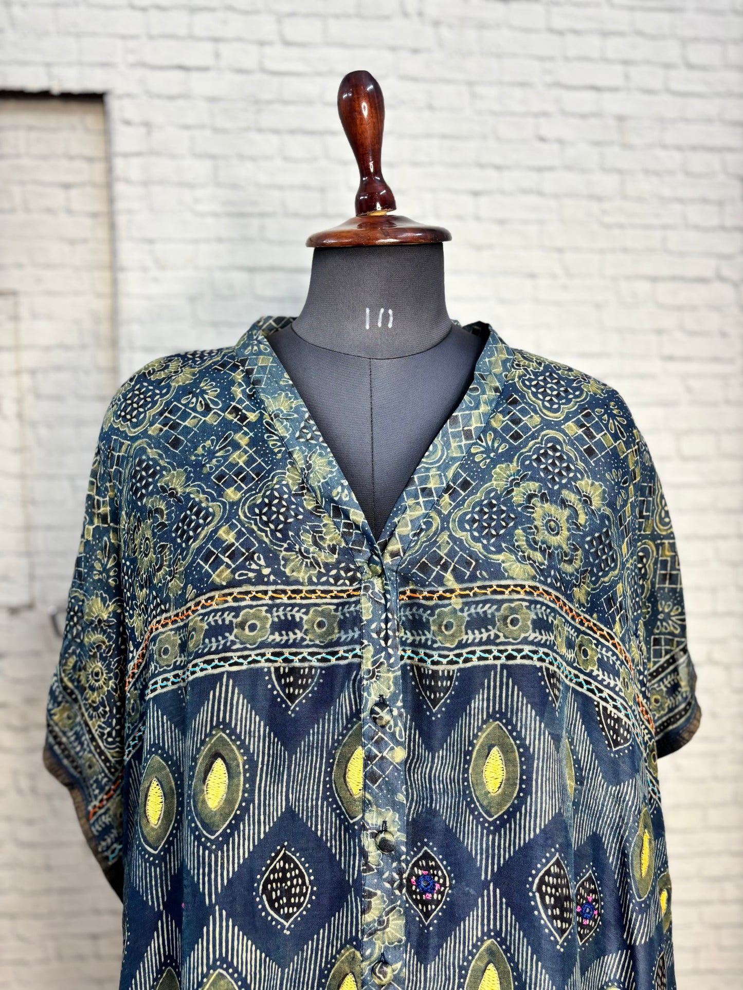 Indigo Green Ajrakh Chanderi Shirt Kaftan with Hand Embroidery
