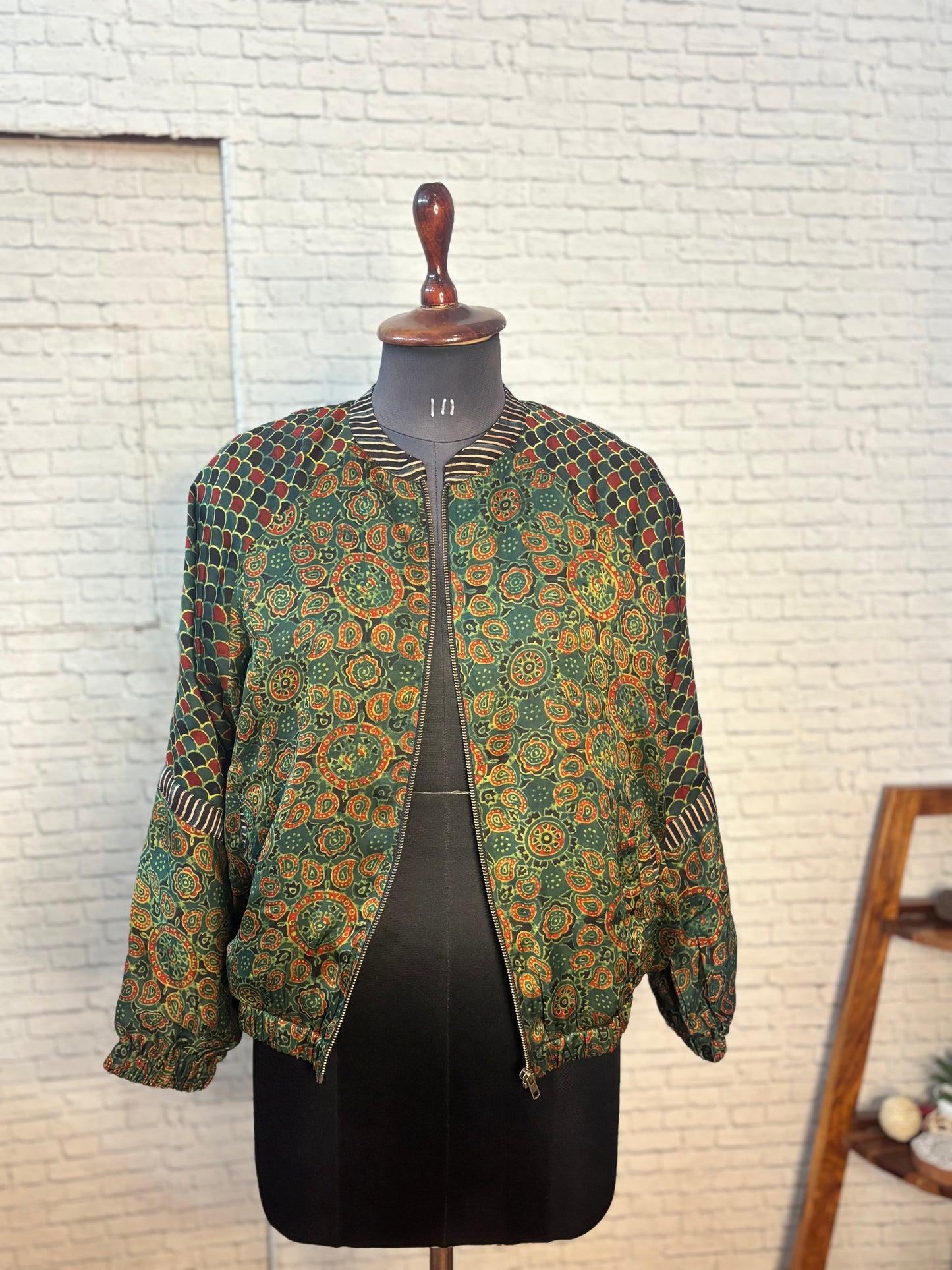 Green Red Modal Silk Ajrakh Unisex Bomber Jacket