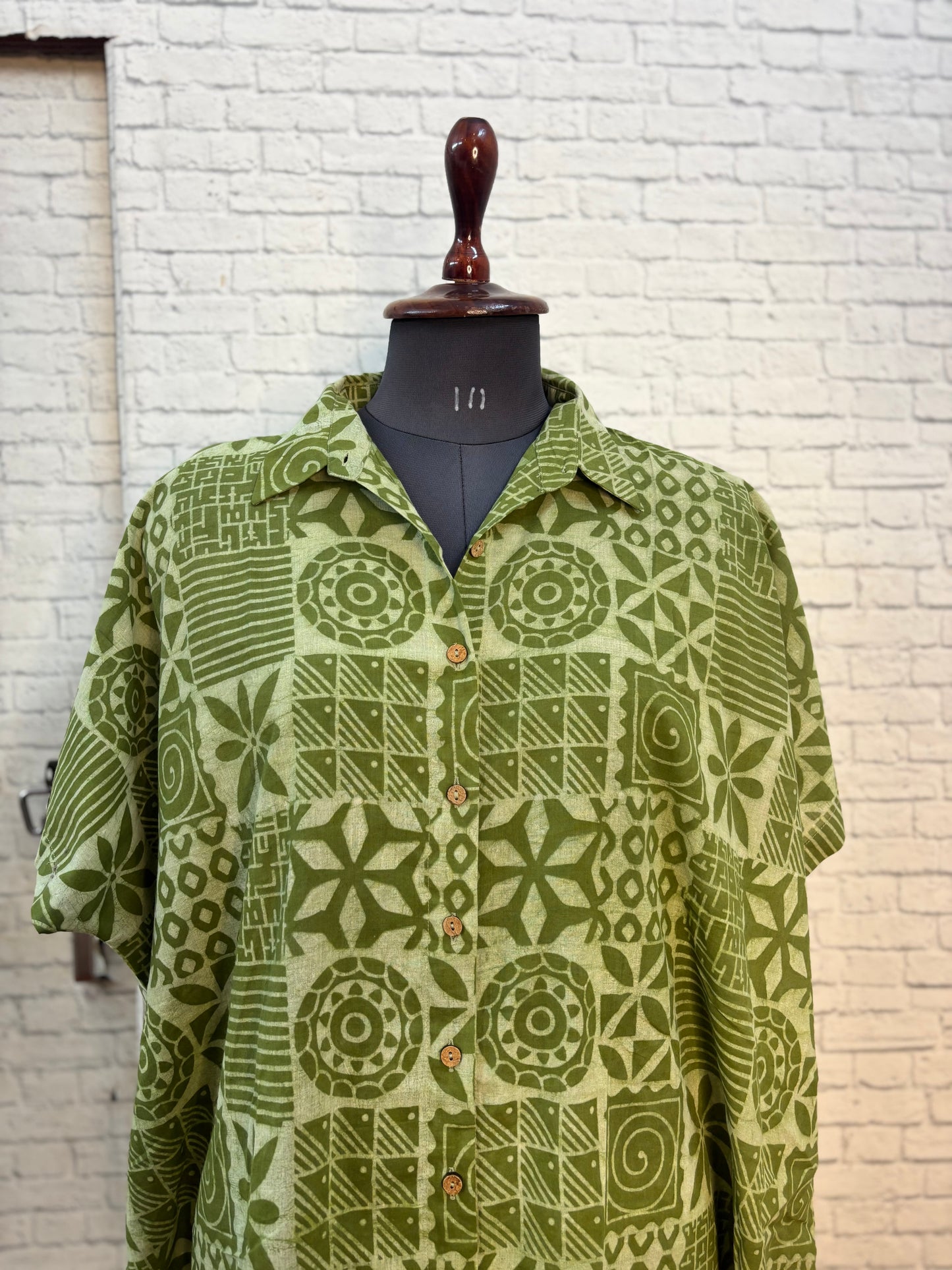 Green Tiles Hand Block Printed Cotton High Low Shirt Kaftan