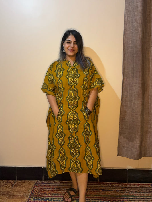 Yellow High Low Ajrakh Midi Cotton Shirt Kaftan