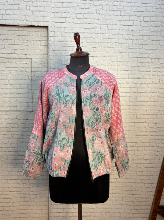 Mint Green Pink Hand Block Printed Unisex Bomber Jacket