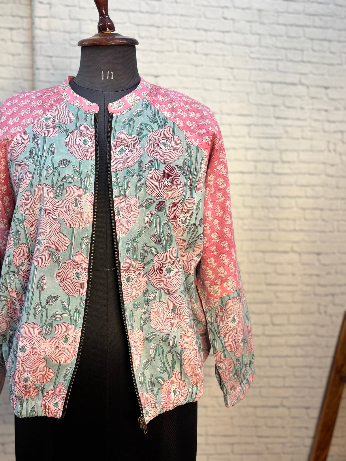 Mint Green Pink Hand Block Printed Unisex Bomber Jacket