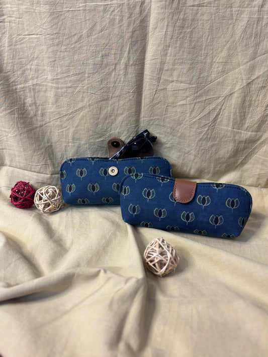 Indigo Green Lotus Ajrakh Hand Block Print Eyewear Case
