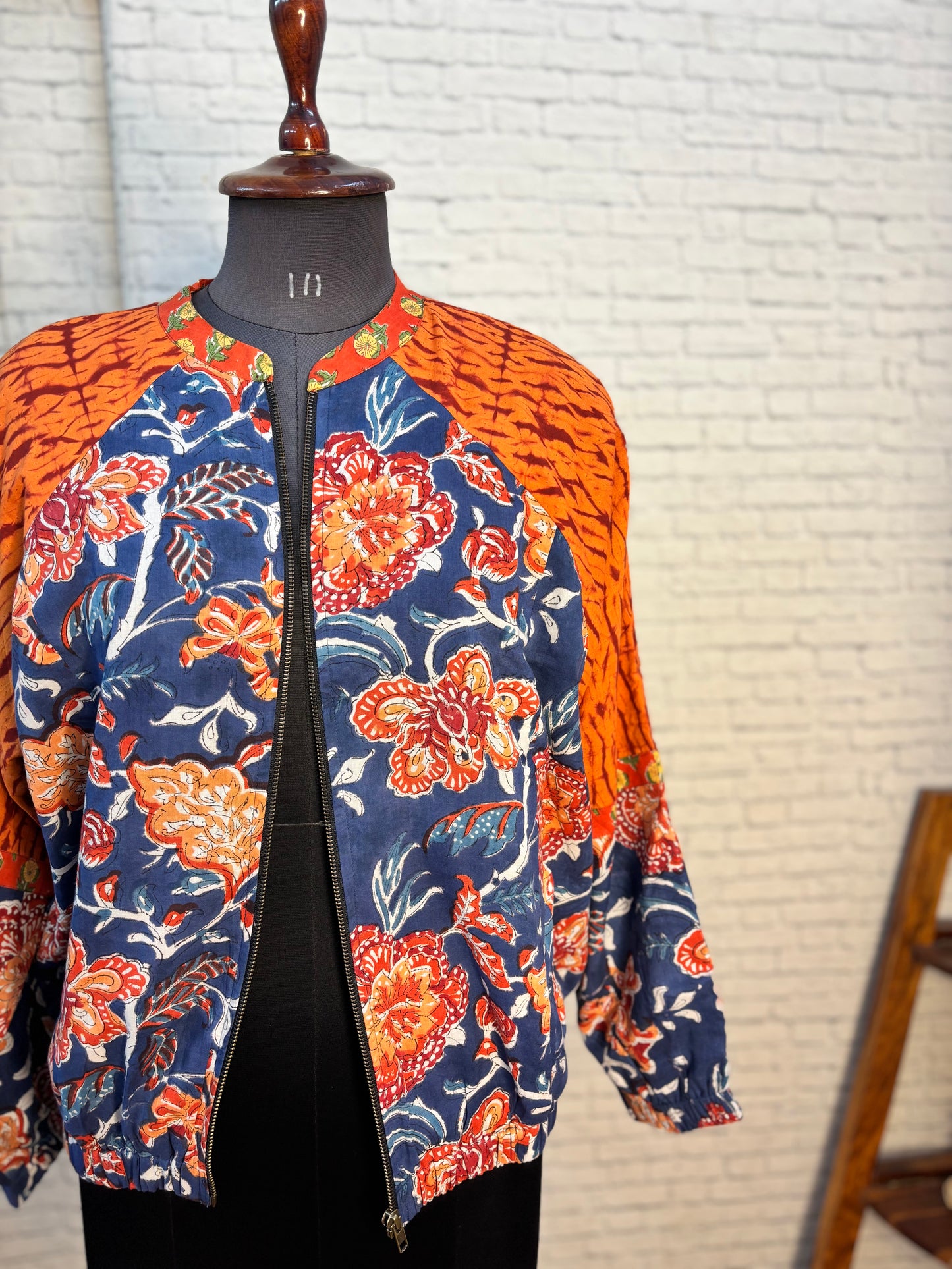 Blue Orange Hand Block Printed Unisex Bomber Jacket