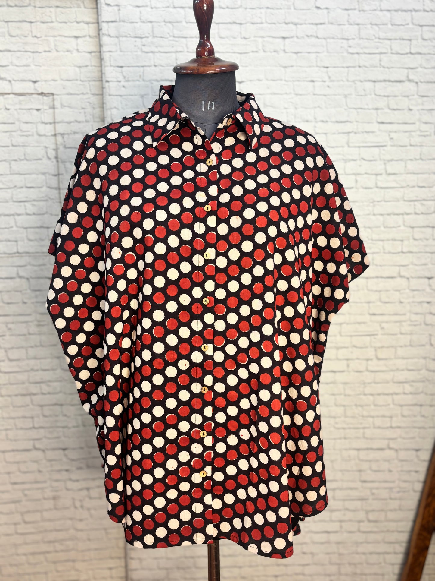 Red Black Polka Dot Cotton High Low Shirt Kaftan