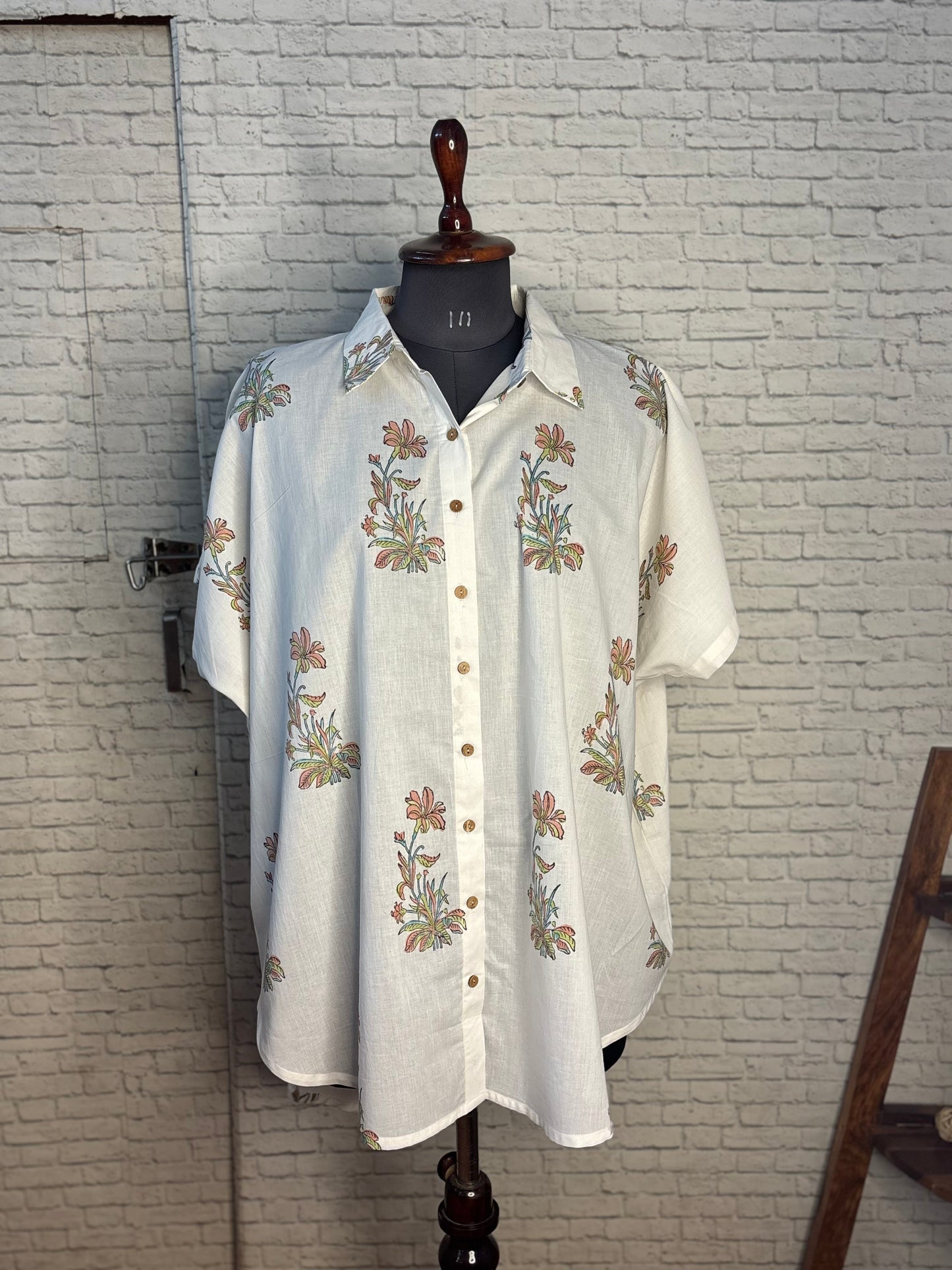 Ivory Blush Cotton Hand Block Printed High-Low Shirt Kaftan