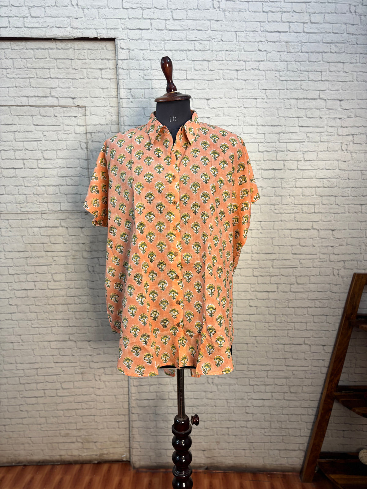 Peach Hand Block Printed Cotton High Low Shirt Kaftan