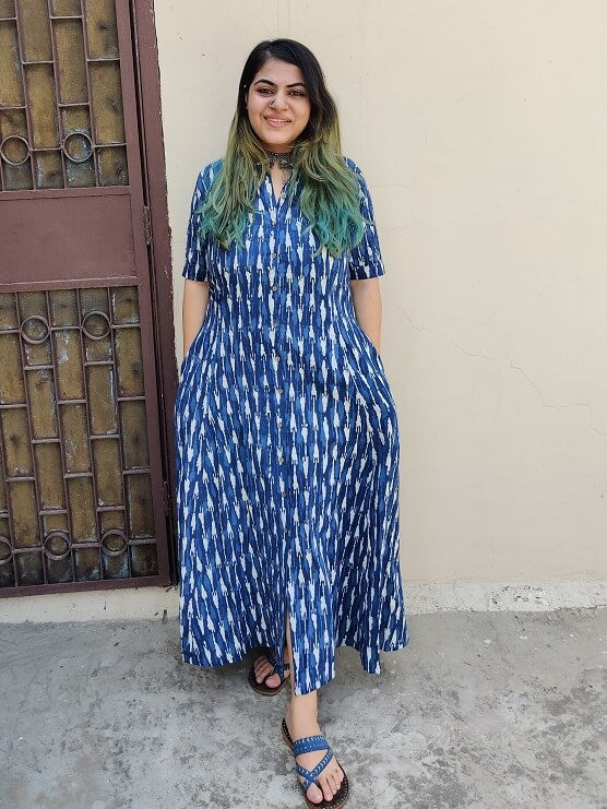 Azure Handblock Printed A Line Maxi Shirt Dress