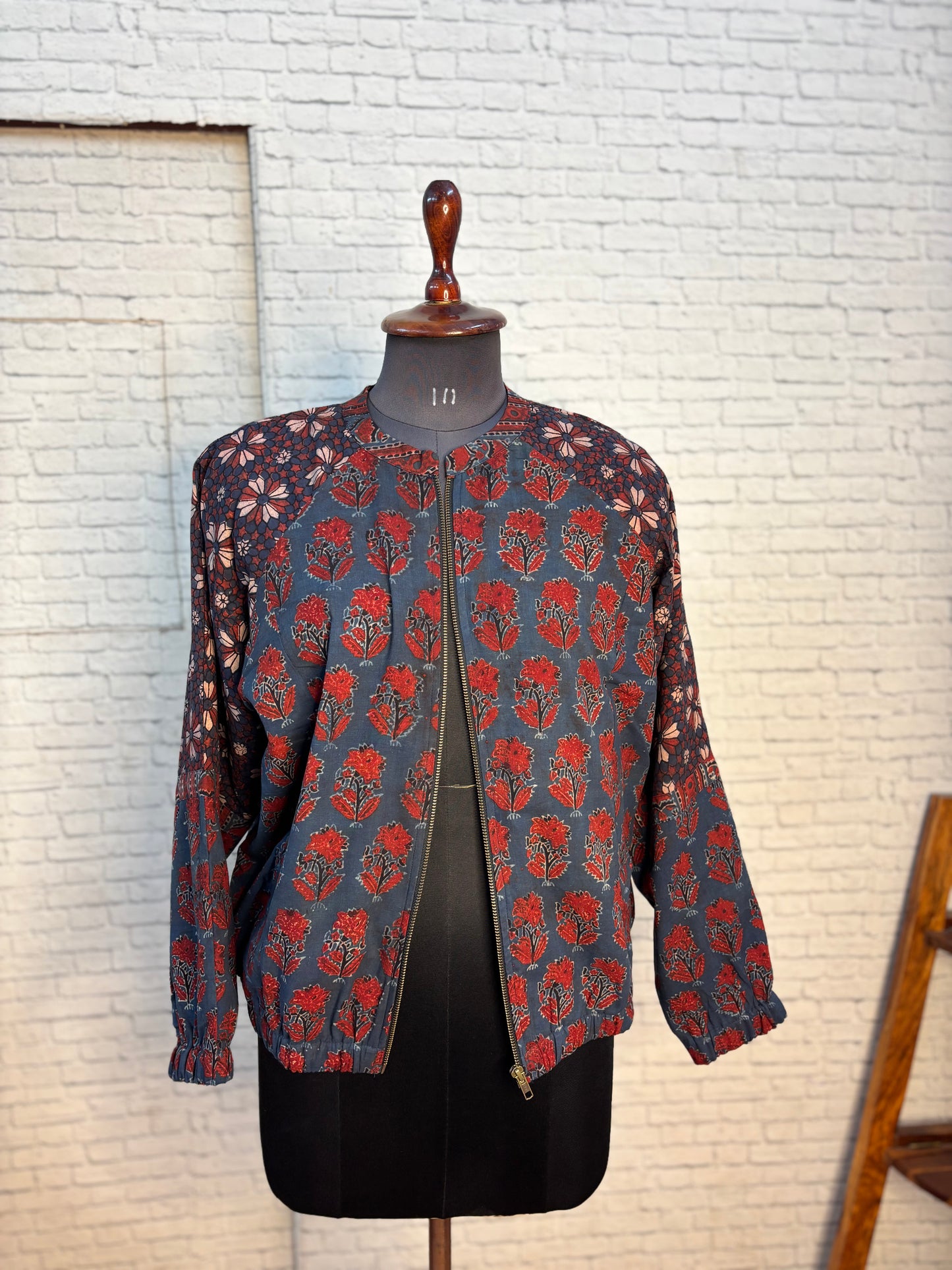 Indigo Red Ajrakh Hand Block Printed Unisex Bomber Jacket