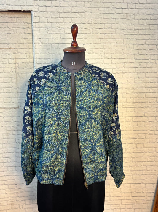 Indigo Green Ajrakh Hand Block Printed Unisex Bomber Jacket