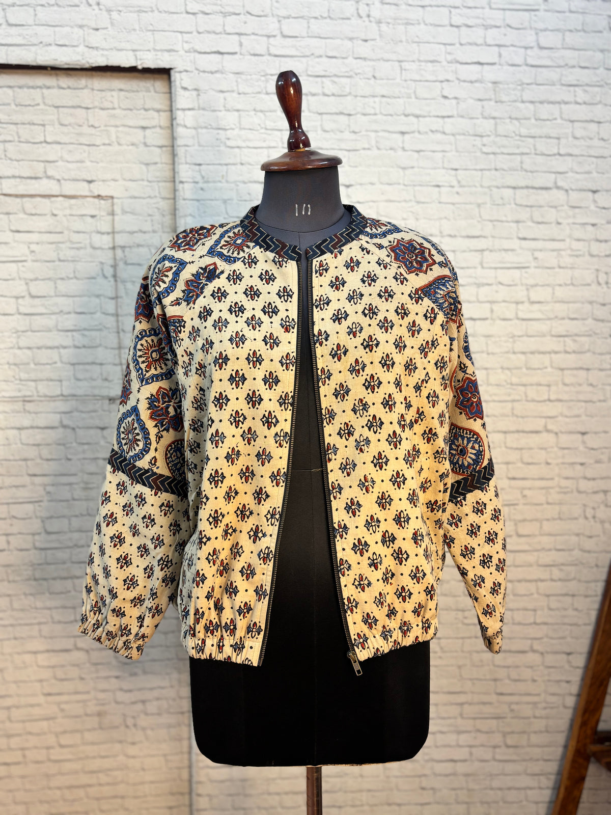 White Ajrakh Hand Block Printed Unisex Bomber Jacket