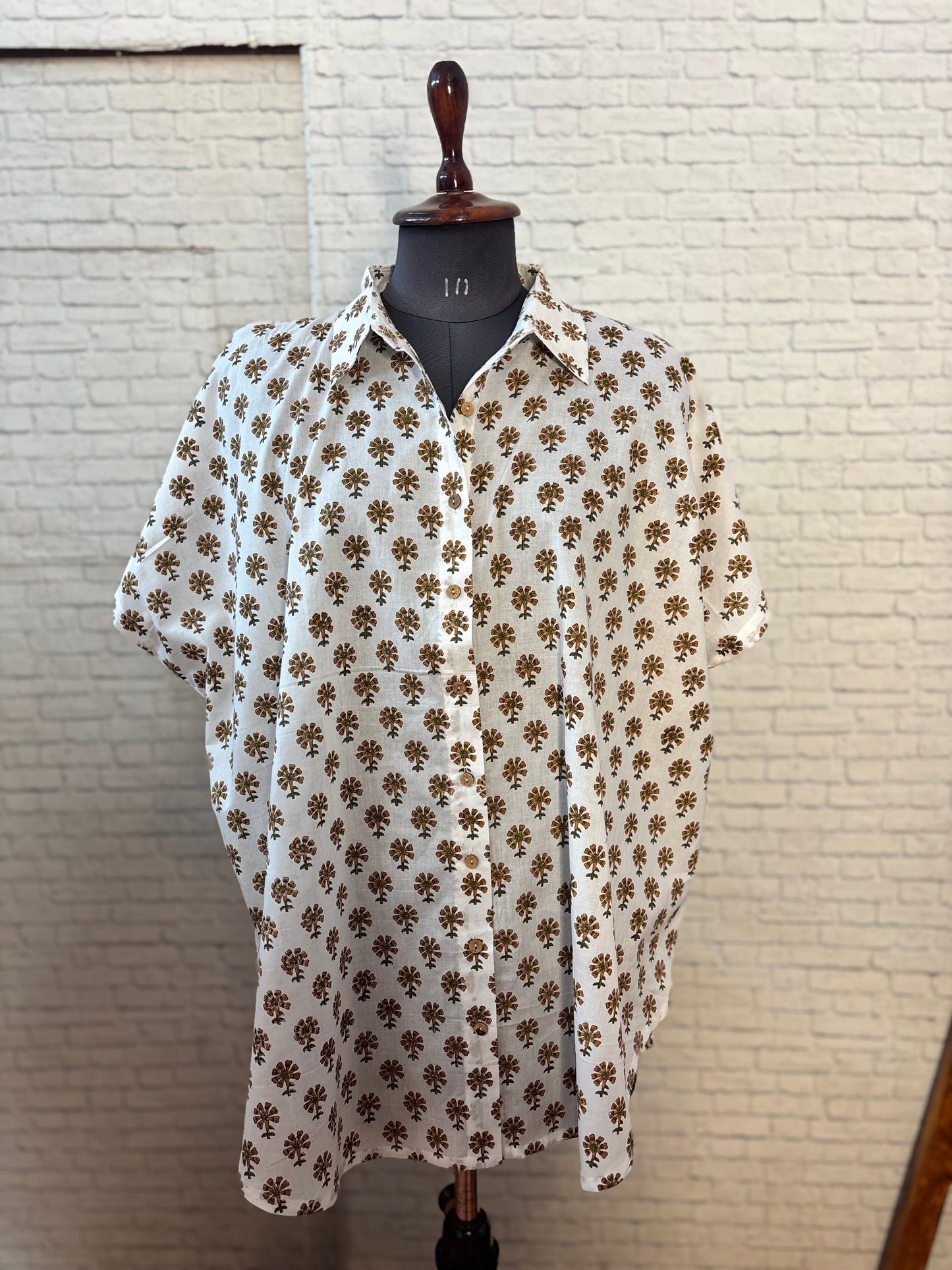 Ivory Mocha Cotton Hand Block Printed High-Low Shirt Kaftan