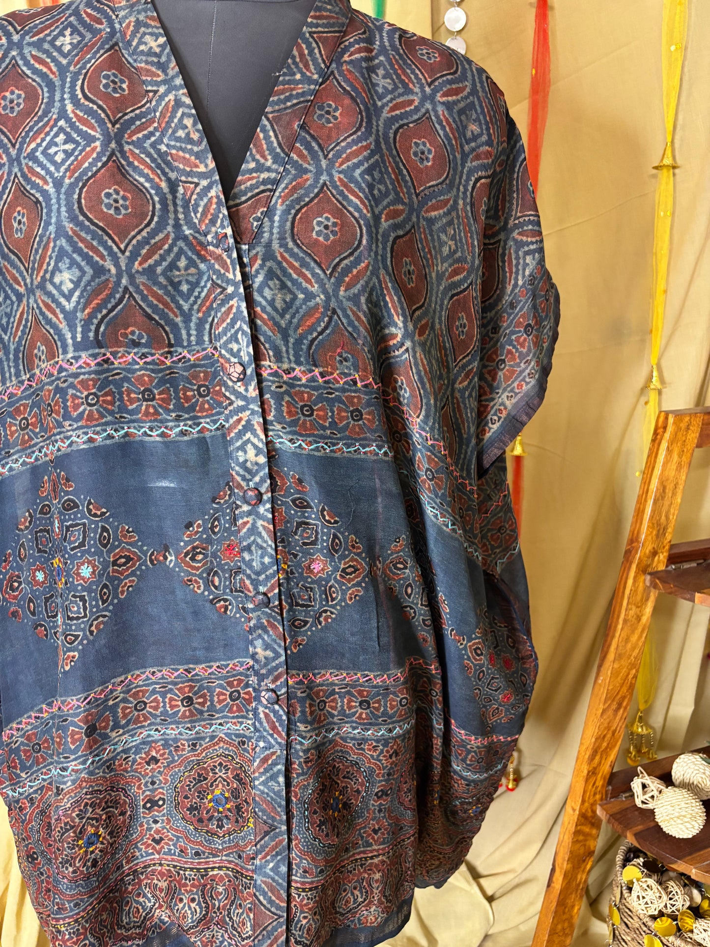 Indigo Red Ajrakh Chanderi Shirt Kaftan with Hand Embroidery