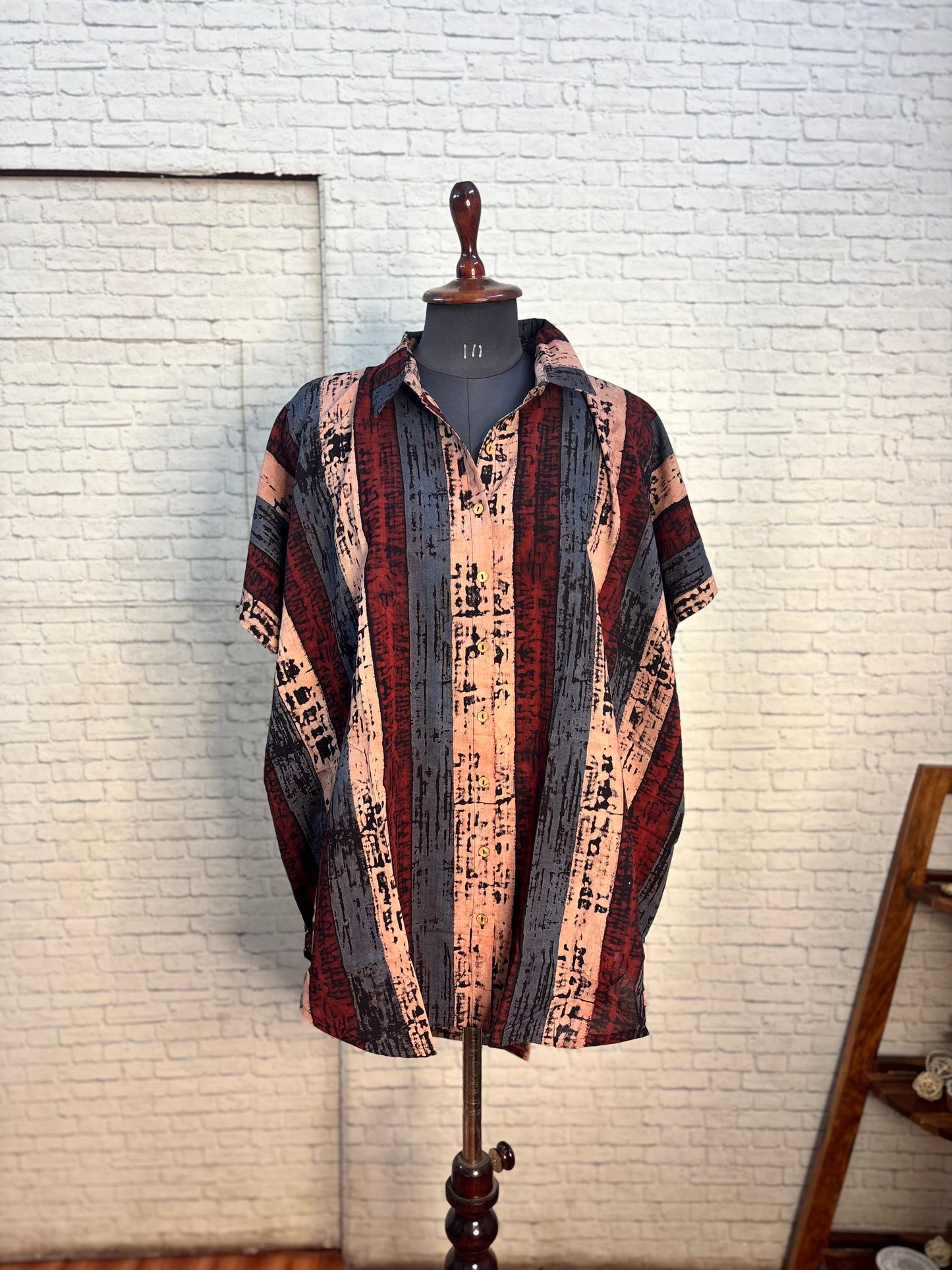 Black Red Brush Cotton High Low Shirt Kaftan