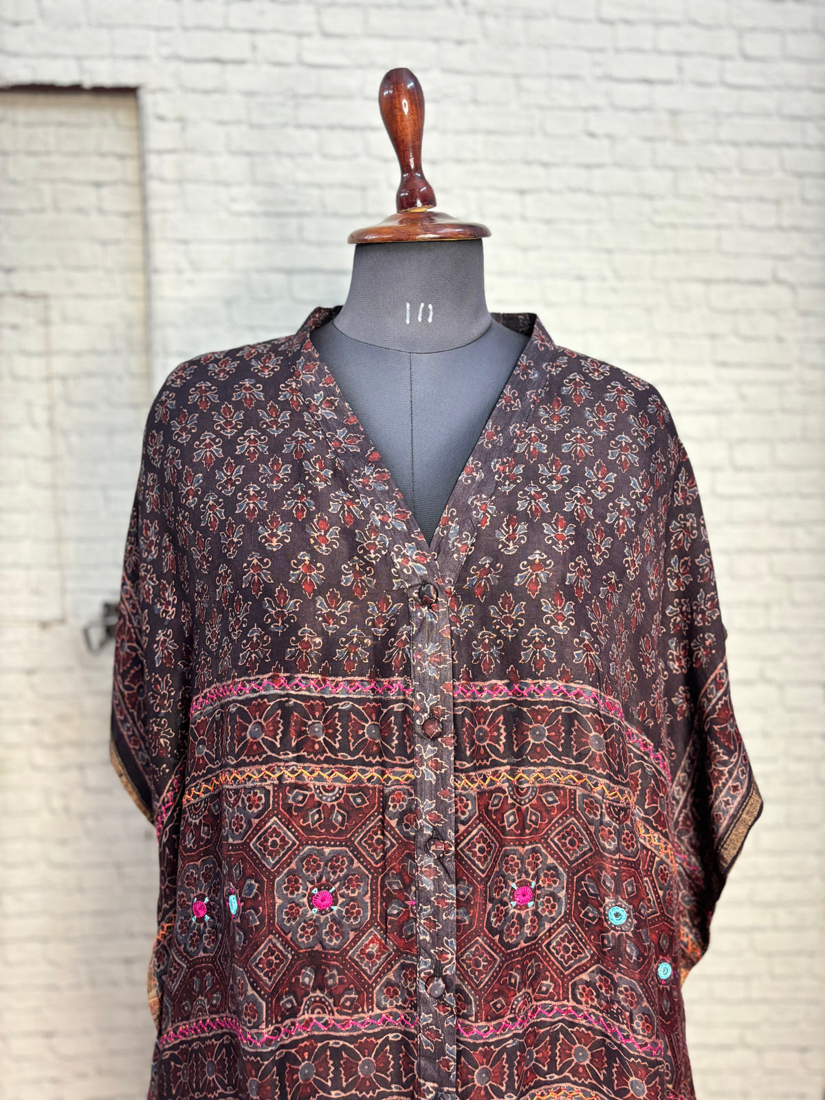 Black Ajrakh Chanderi Shirt Kaftan with Hand Embroidery