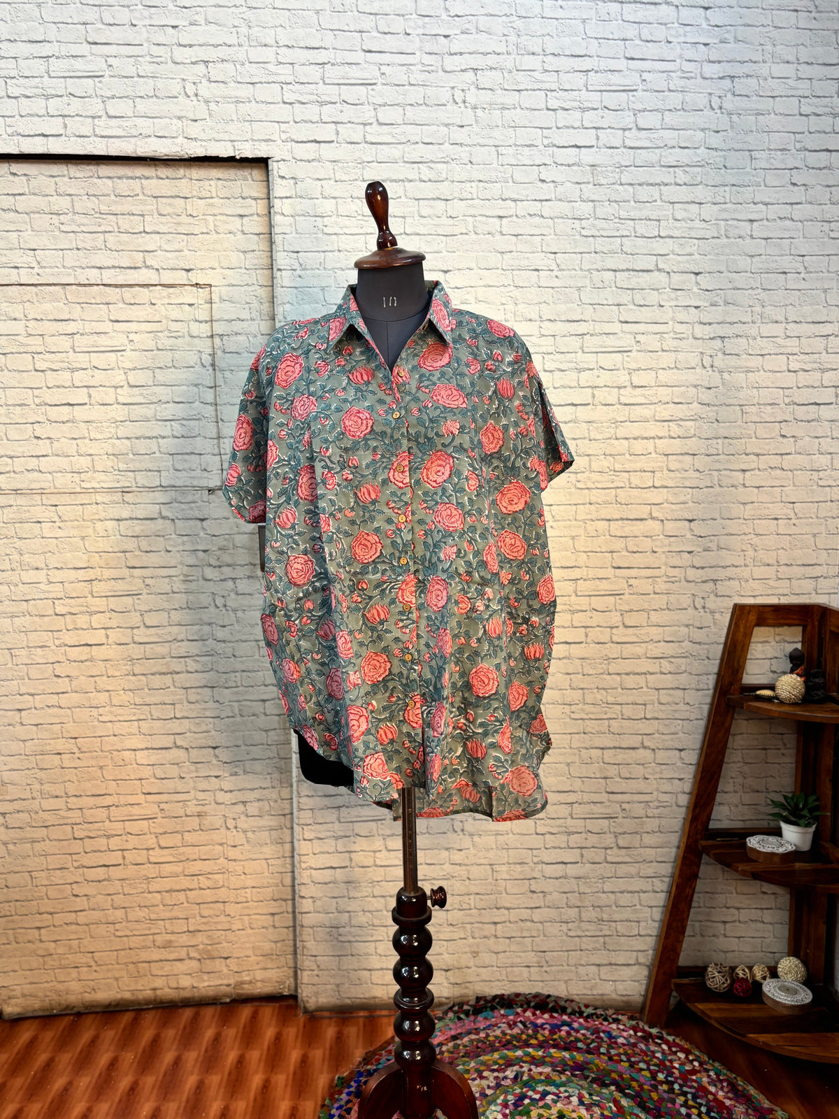Grey Pink Roses Hand Block Printed Cotton High Low Shirt Kaftan