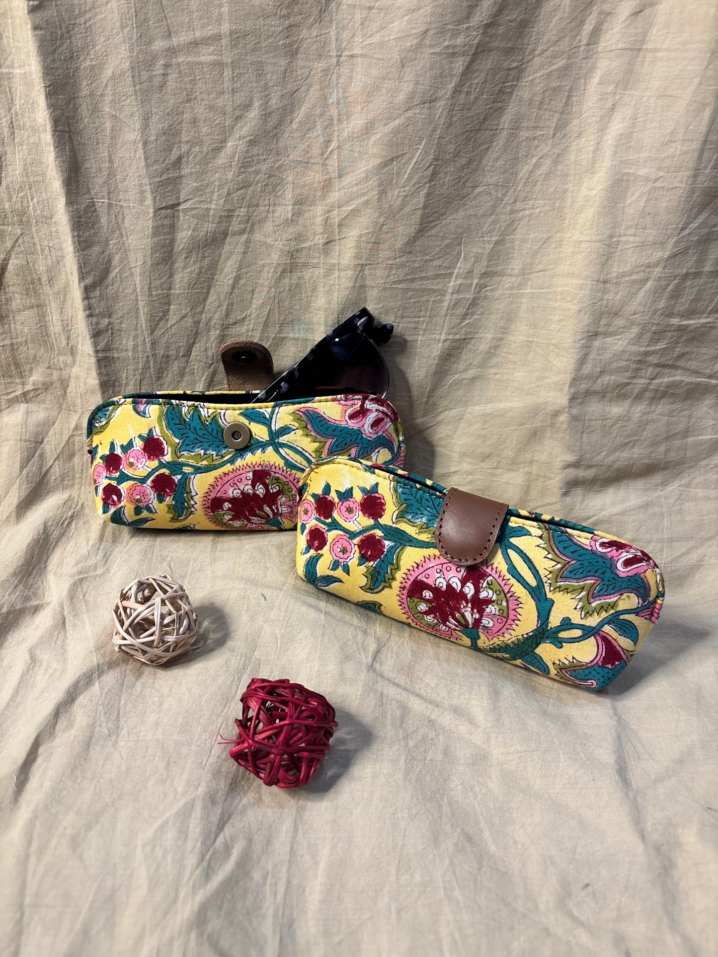 Yellow Floral Hand Block Print Eyewear Case