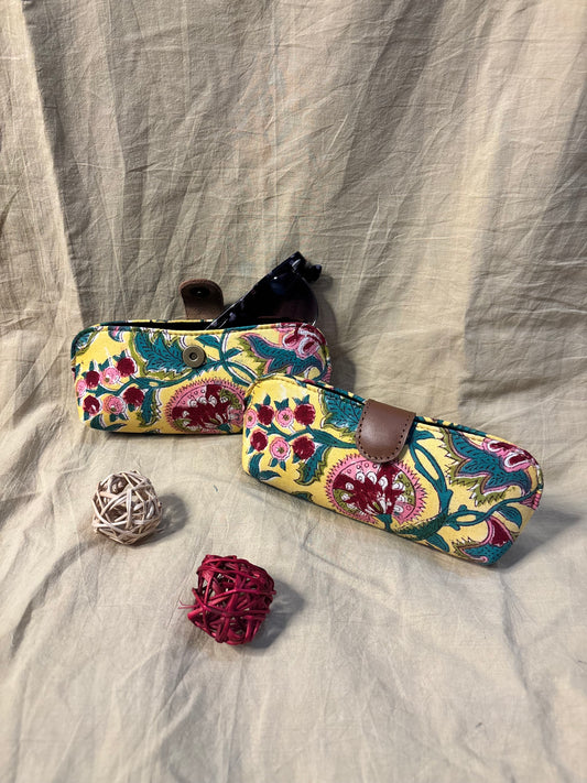 Yellow Floral Hand Block Print Eyewear Case
