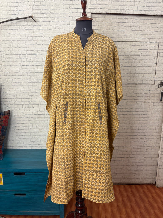 Mustard Fishscale High Low Midi Cotton Shirt Kaftan