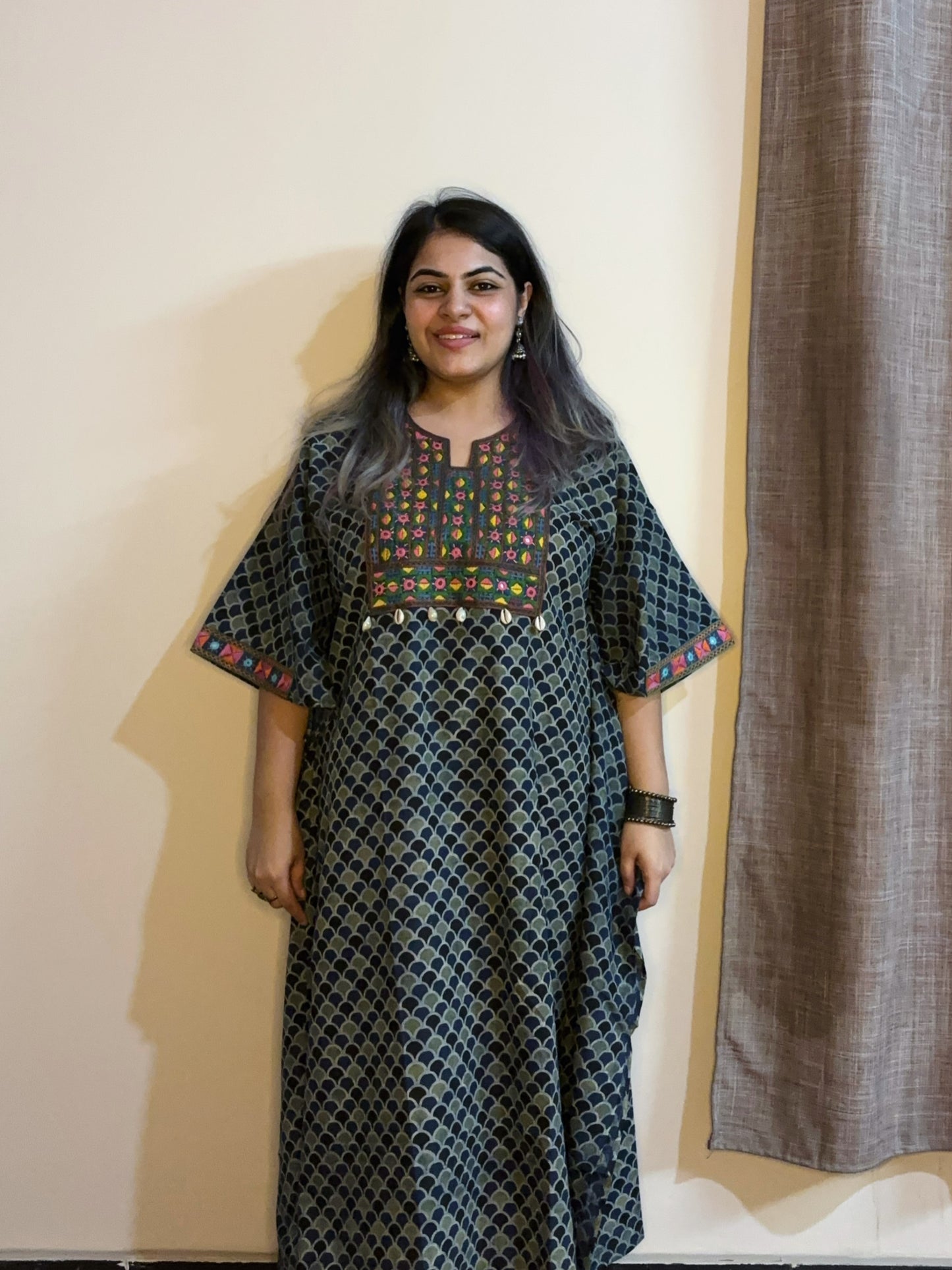 Indigo Green Ajrakh Hand Embroidered Patch Kaftan