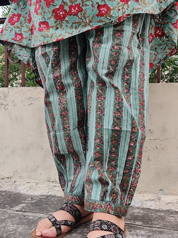 Hibiscus Hand Block Printed Cotton Kurta Set with Afghani Pants