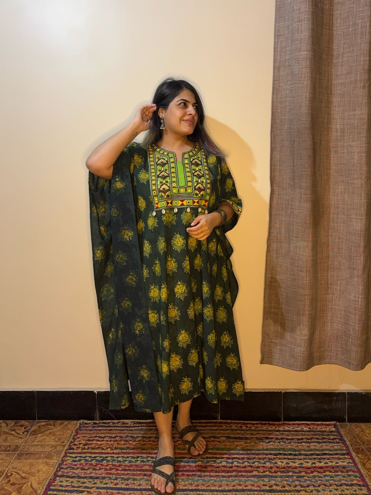 Green Ajrakh Hand Embroidered Patch Kaftan