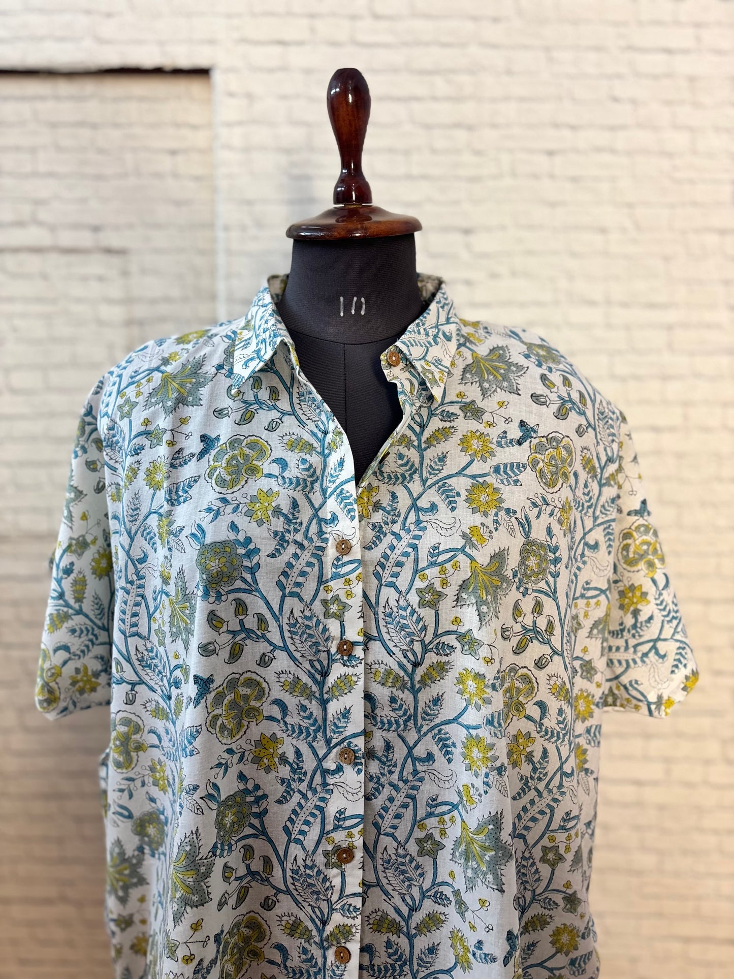 Sage Blue Cotton Hand Block Printed High-Low Shirt Kaftan