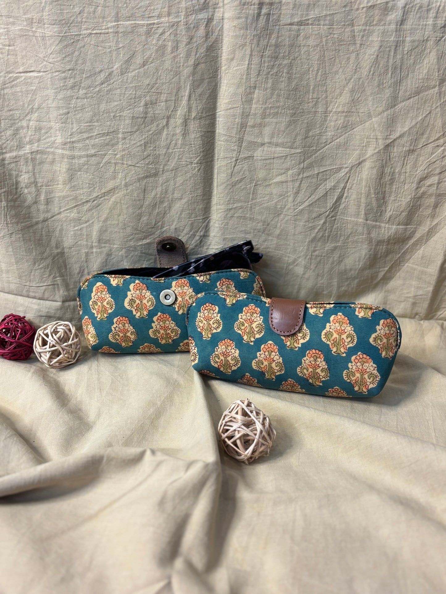 Green Orange Hand Block Print Eyewear Case