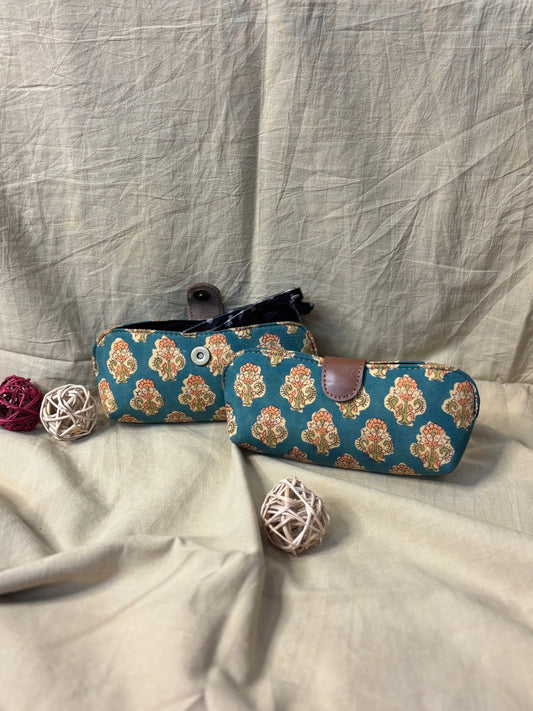 Green Orange Hand Block Print Eyewear Case