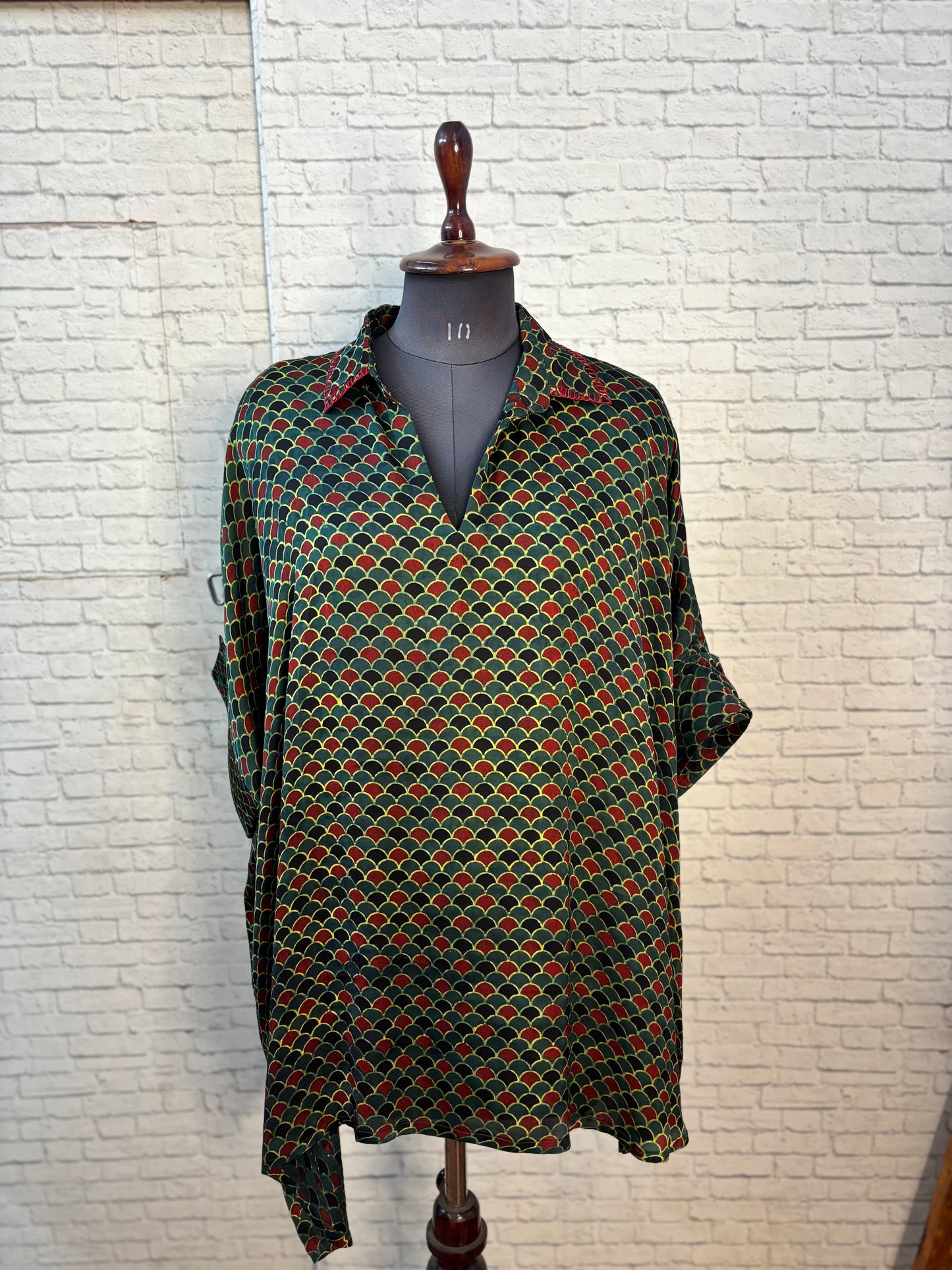 Green Red Fishscale Modal Silk Ajrakh Kaftan Top