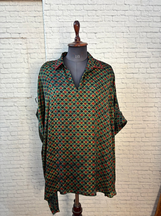 Green Red Fishscale Modal Silk Ajrakh Kaftan Top