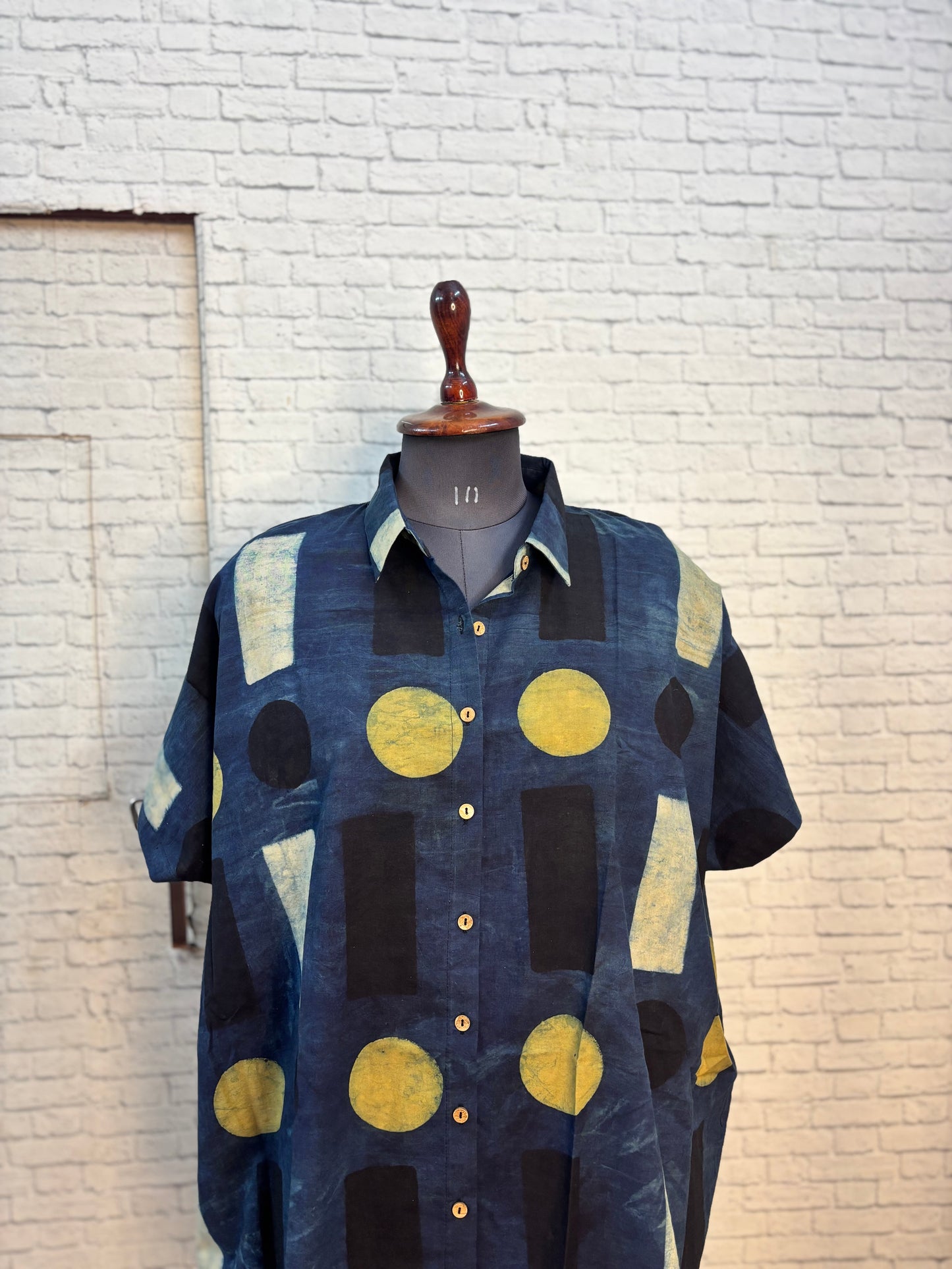 Indigo Green Geometric Cotton High Low Shirt Kaftan