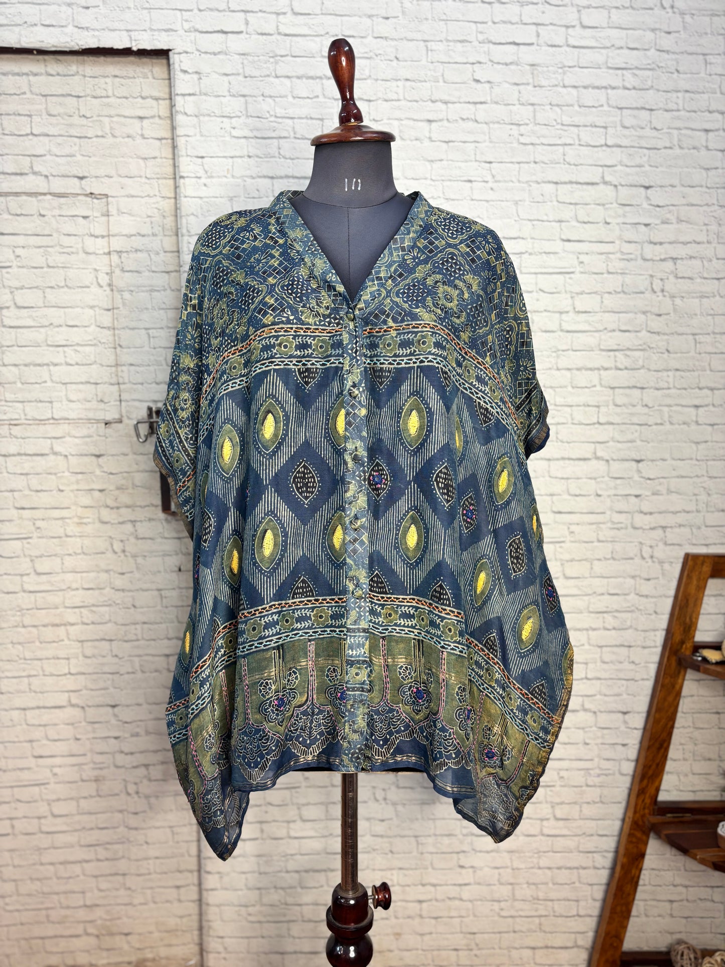 Indigo Green Ajrakh Chanderi Shirt Kaftan with Hand Embroidery