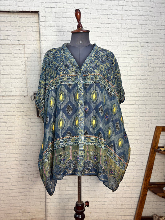 Indigo Green Ajrakh Chanderi Shirt Kaftan with Hand Embroidery