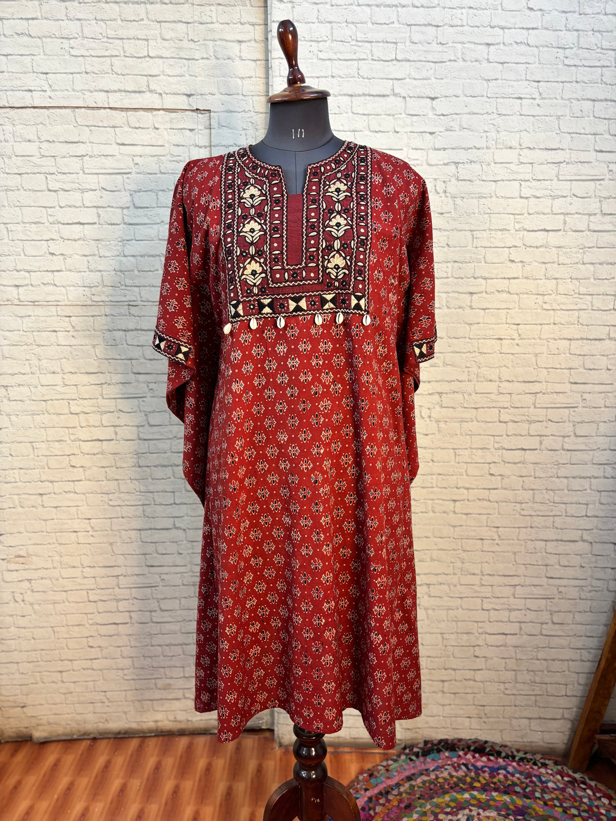 Red Ajrakh Hand Embroidered Patch Kaftan