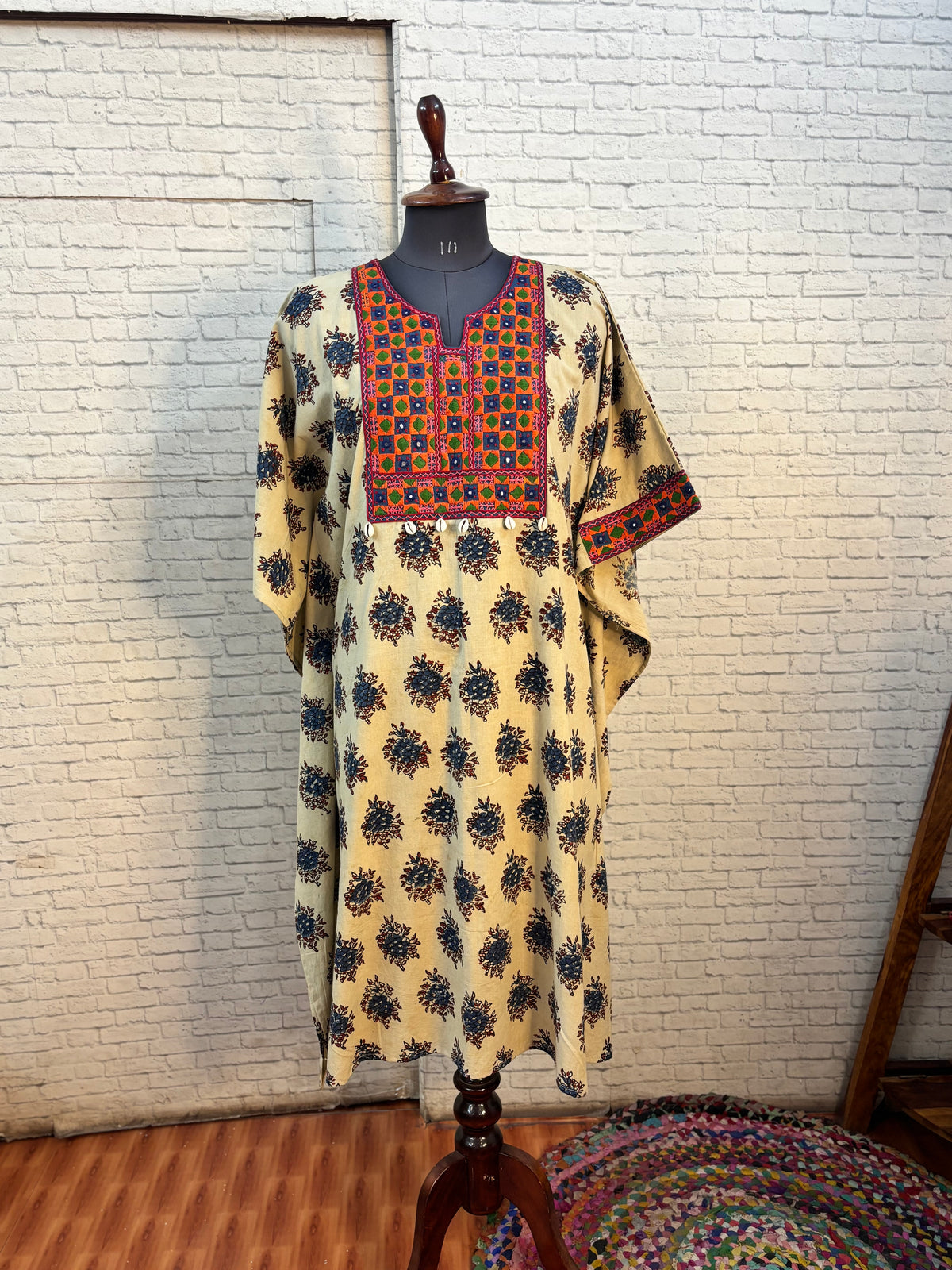 White Ajrakh Hand Embroidered Patch Kaftan