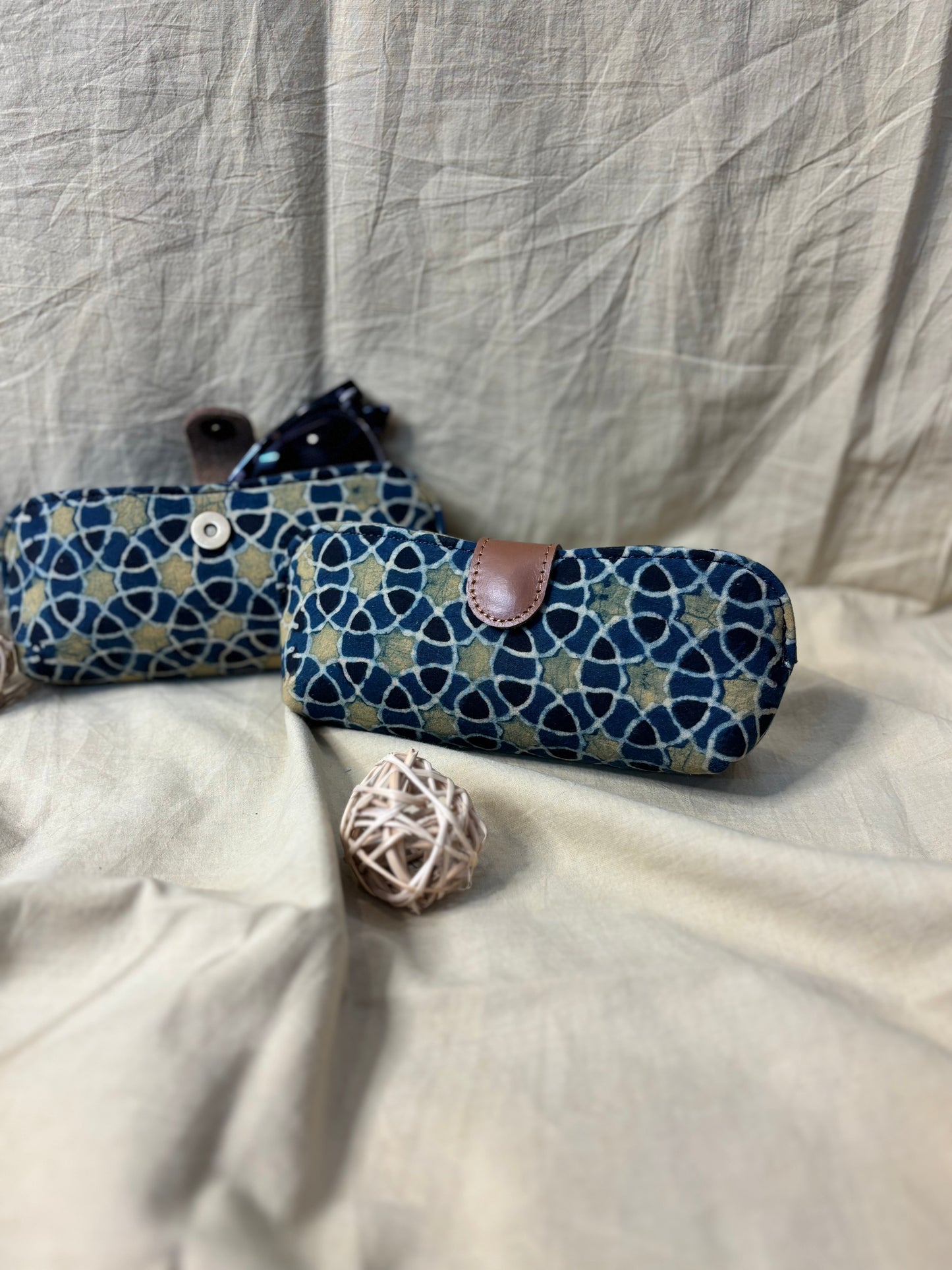 Indigo Green Circles Ajrakh Hand Block Print Eyewear Case