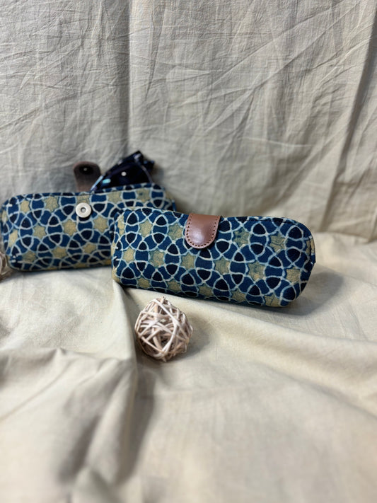Indigo Green Circles Ajrakh Hand Block Print Eyewear Case