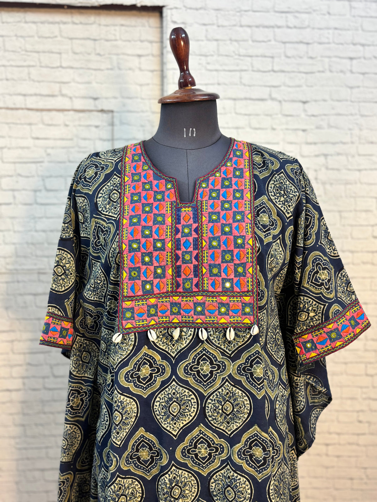 Indigo Green Ajrakh Hand Embroidered Patch Kaftan