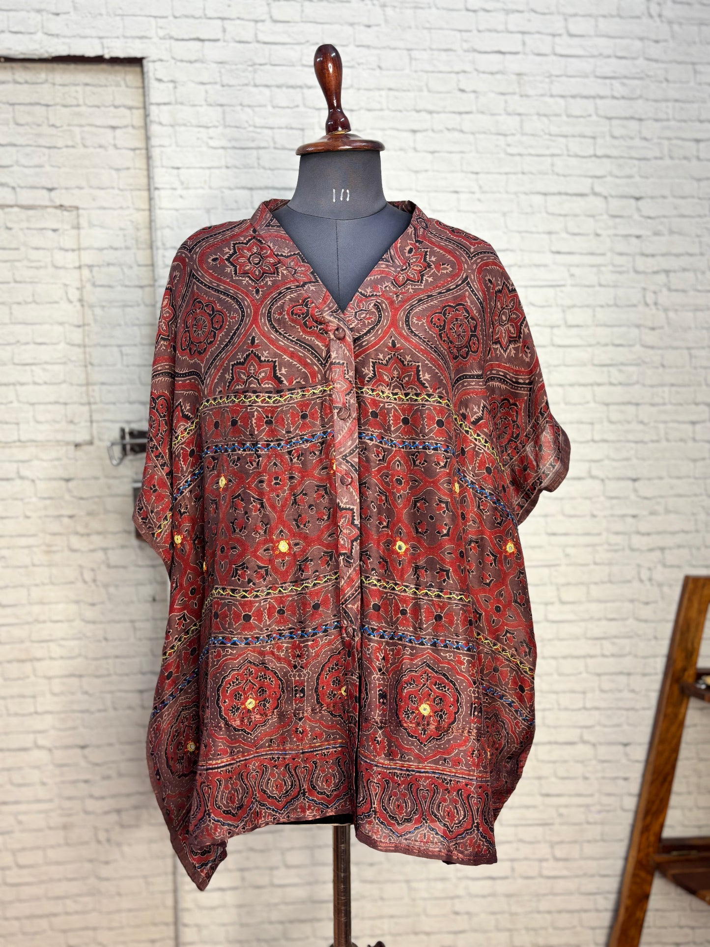 Kashish Red Ajrakh Chanderi Shirt Kaftan with Hand Embroidery