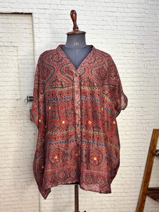 Kashish Red Ajrakh Chanderi Shirt Kaftan with Hand Embroidery
