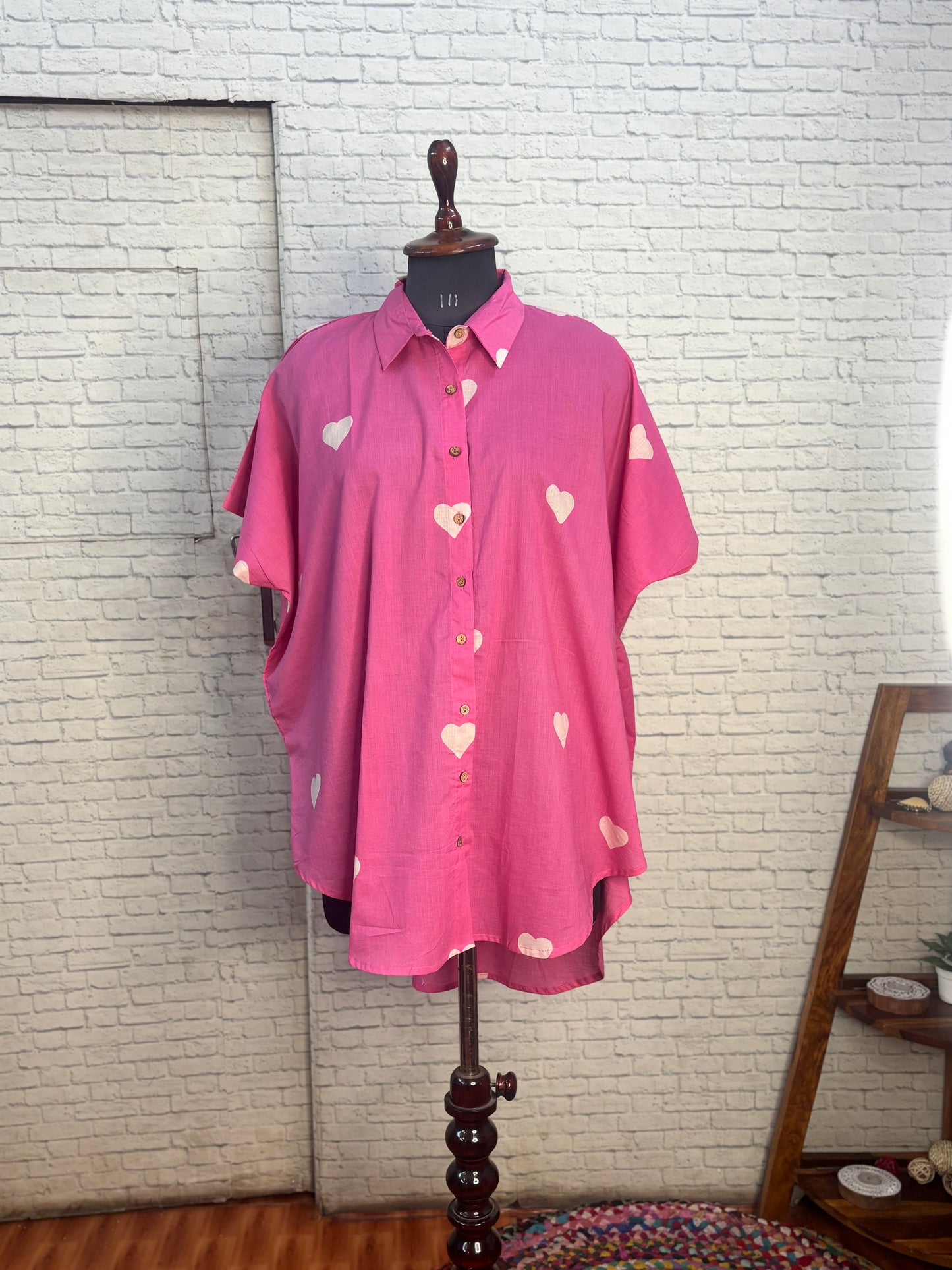 Pink Hearts Cotton High Low Shirt Kaftan