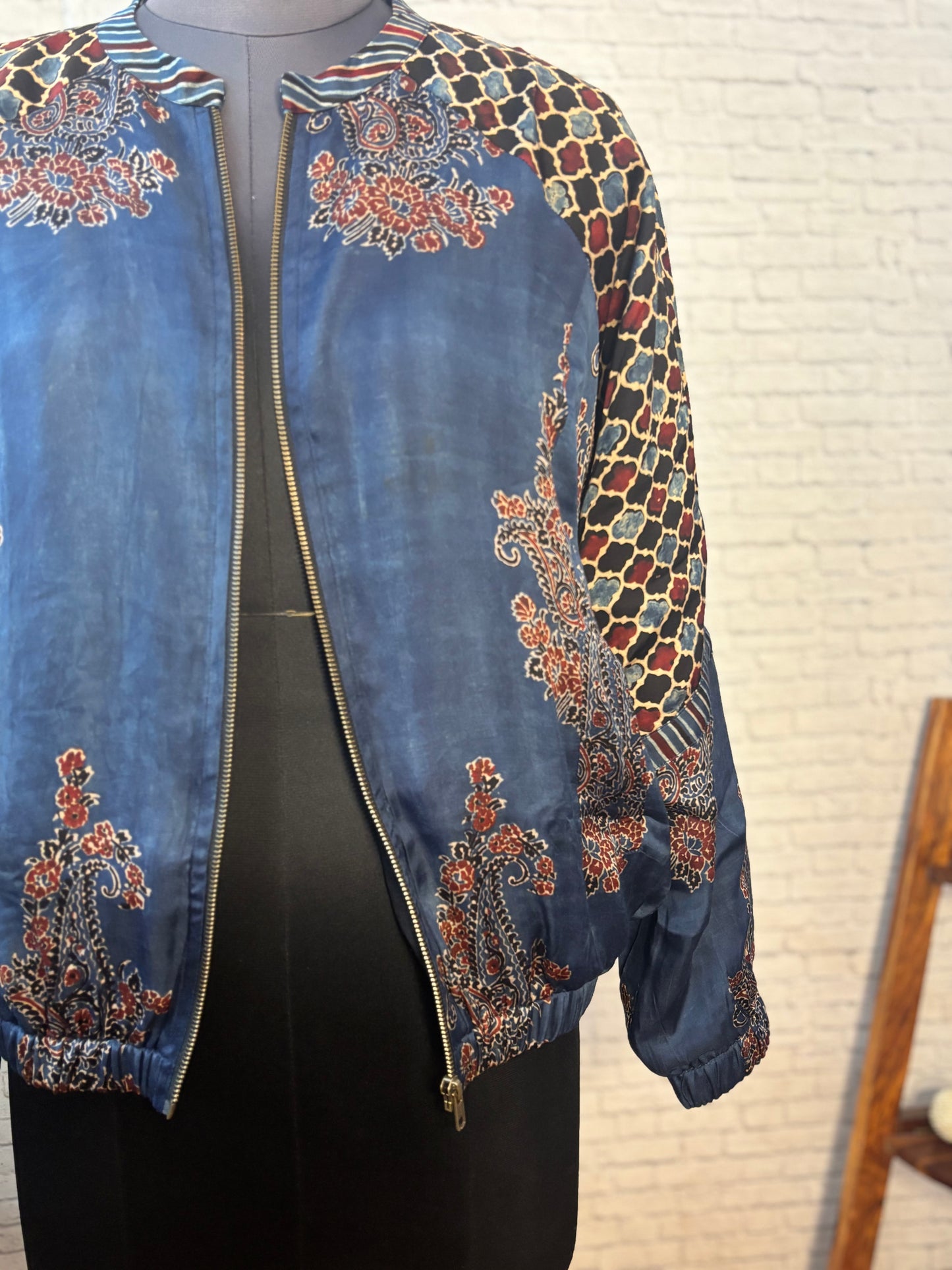 Indigo Black Modal Silk Ajrakh Unisex Bomber Jacket