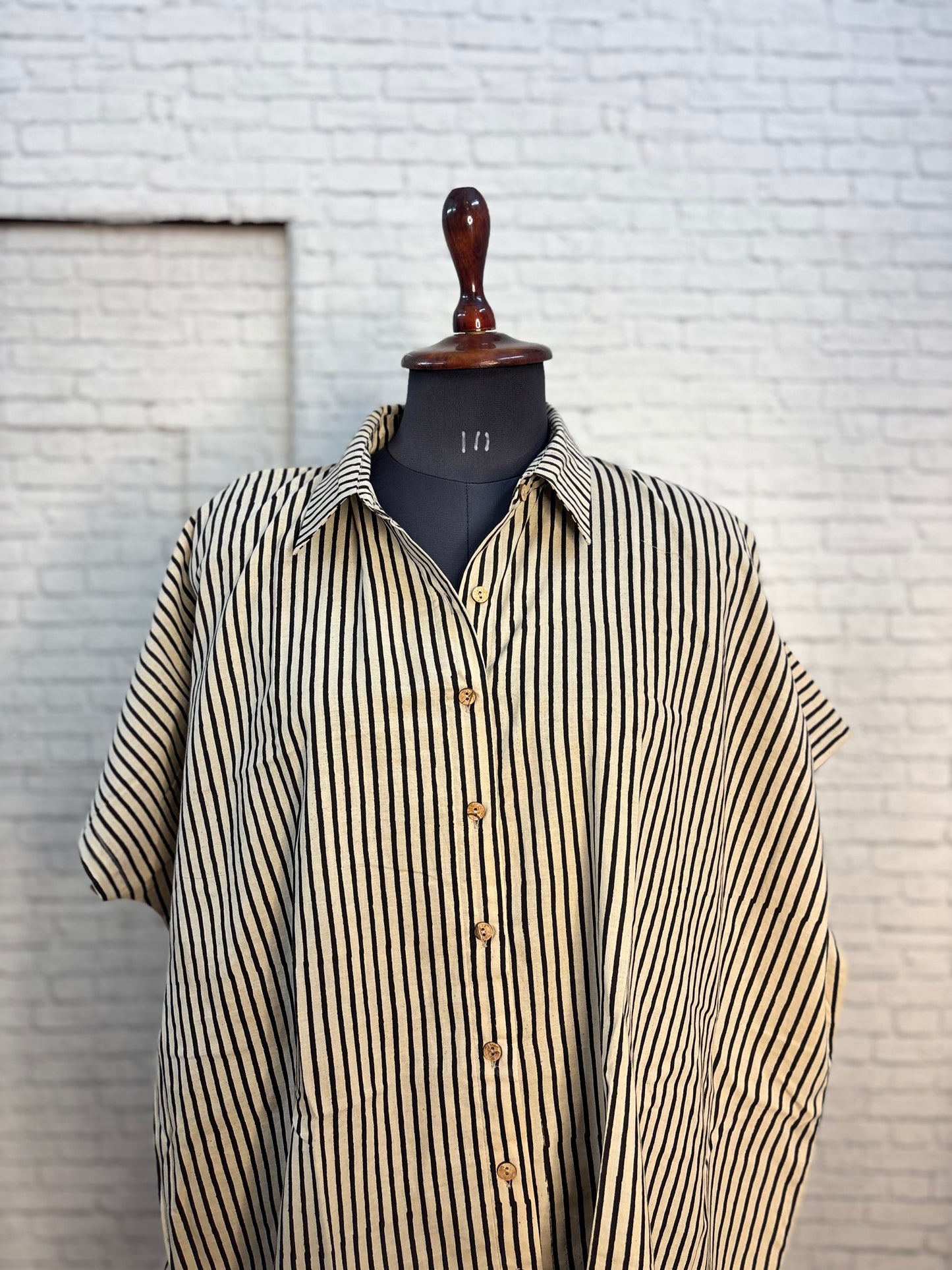 White Black Stripes Cotton High Low Shirt Kaftan
