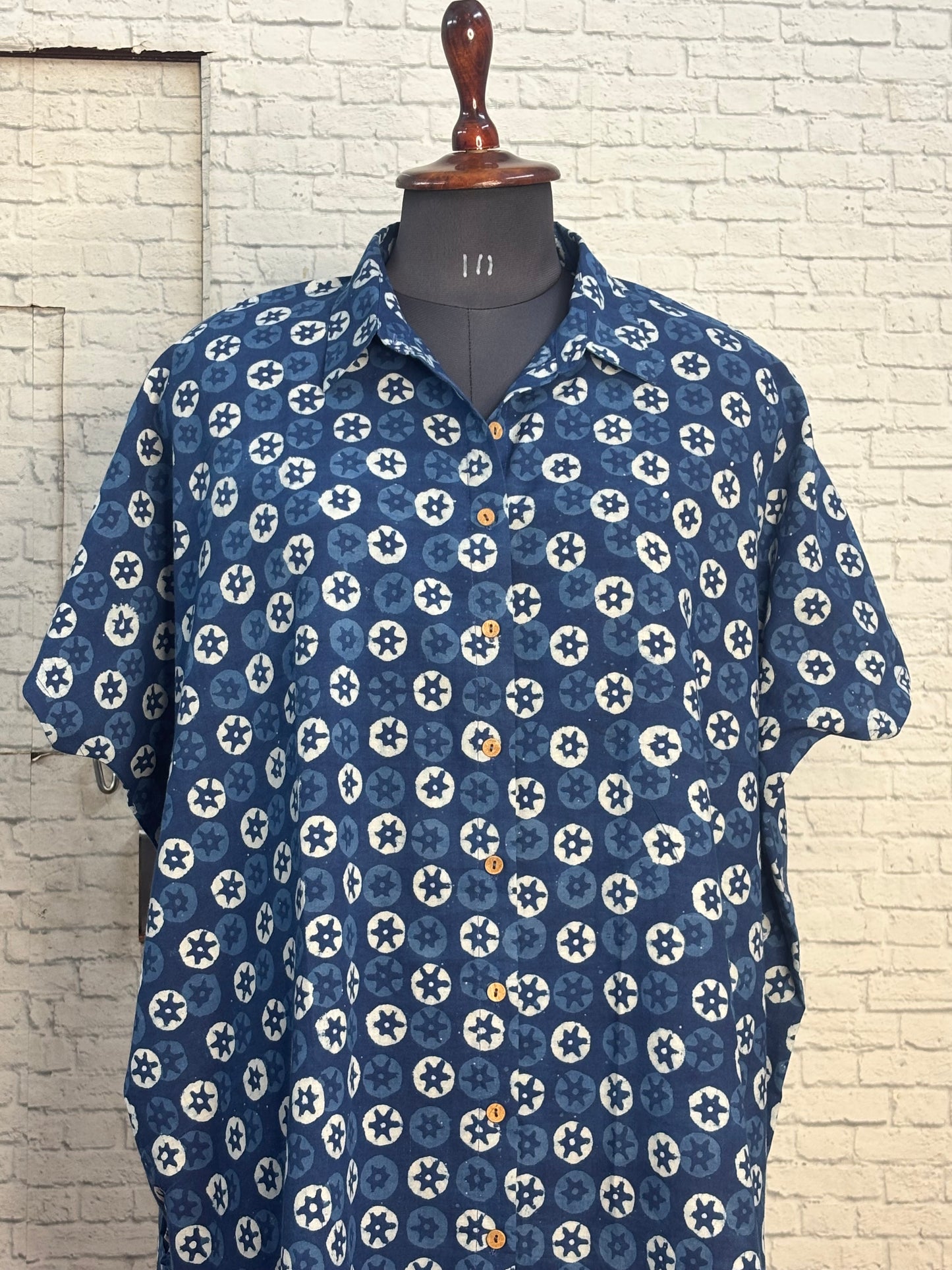 Indigo Starflower Cotton High Low Shirt Kaftan