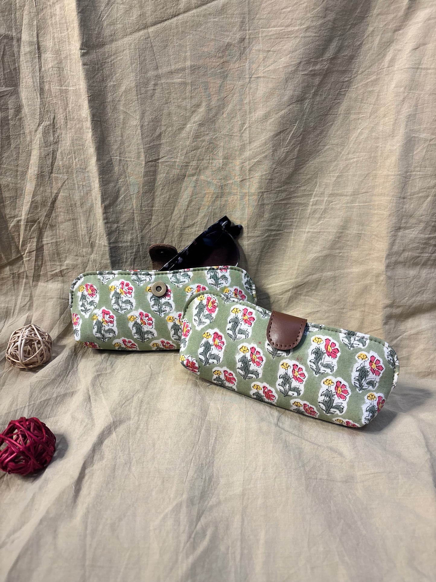 Green Floral Hand Block Print Eyewear Case