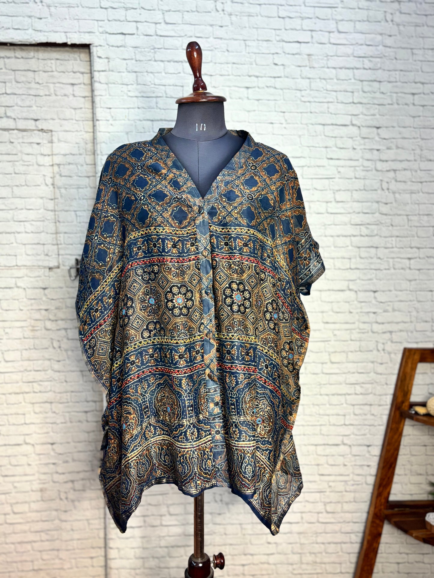 Indigo Red Ajrakh Chanderi Shirt Kaftan with Hand Embroidery